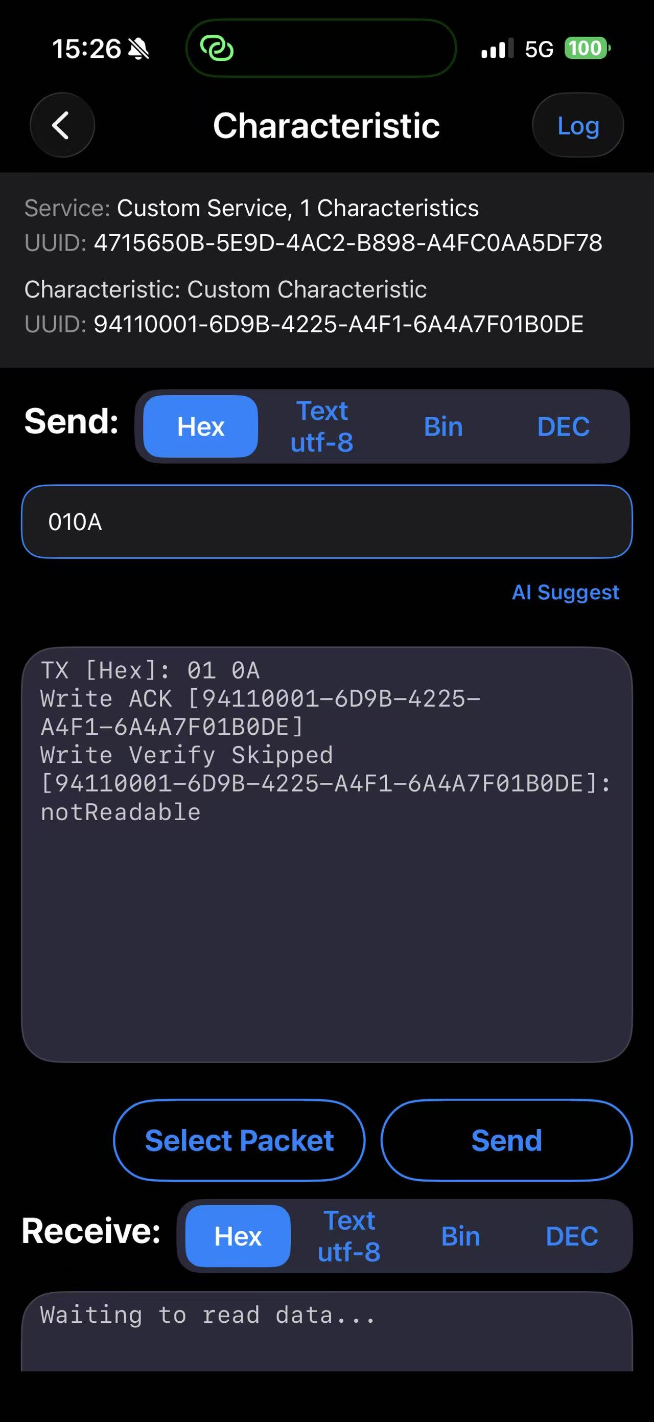 Hex command terminal in Bluetooth Explorer