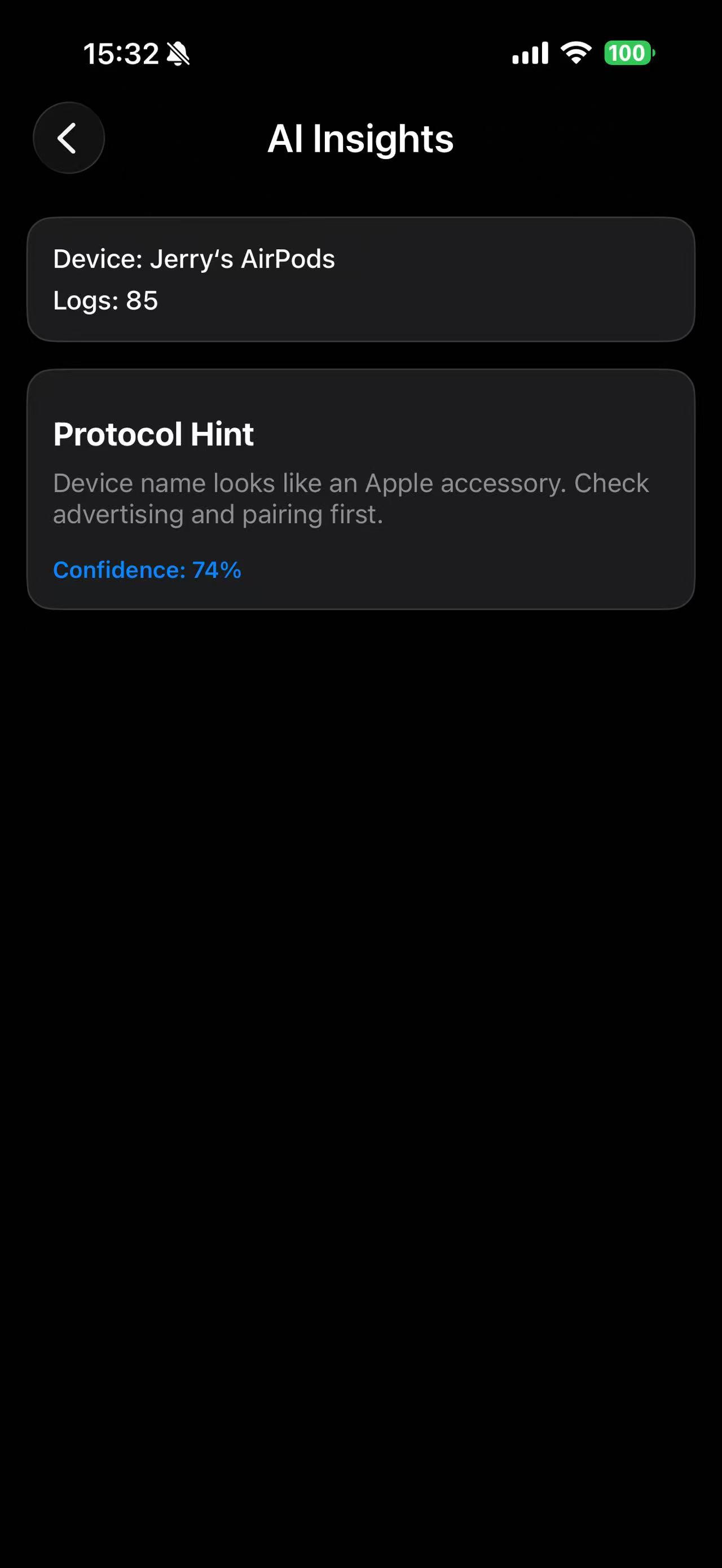 AI diagnostics insights panel in Bluetooth Explorer